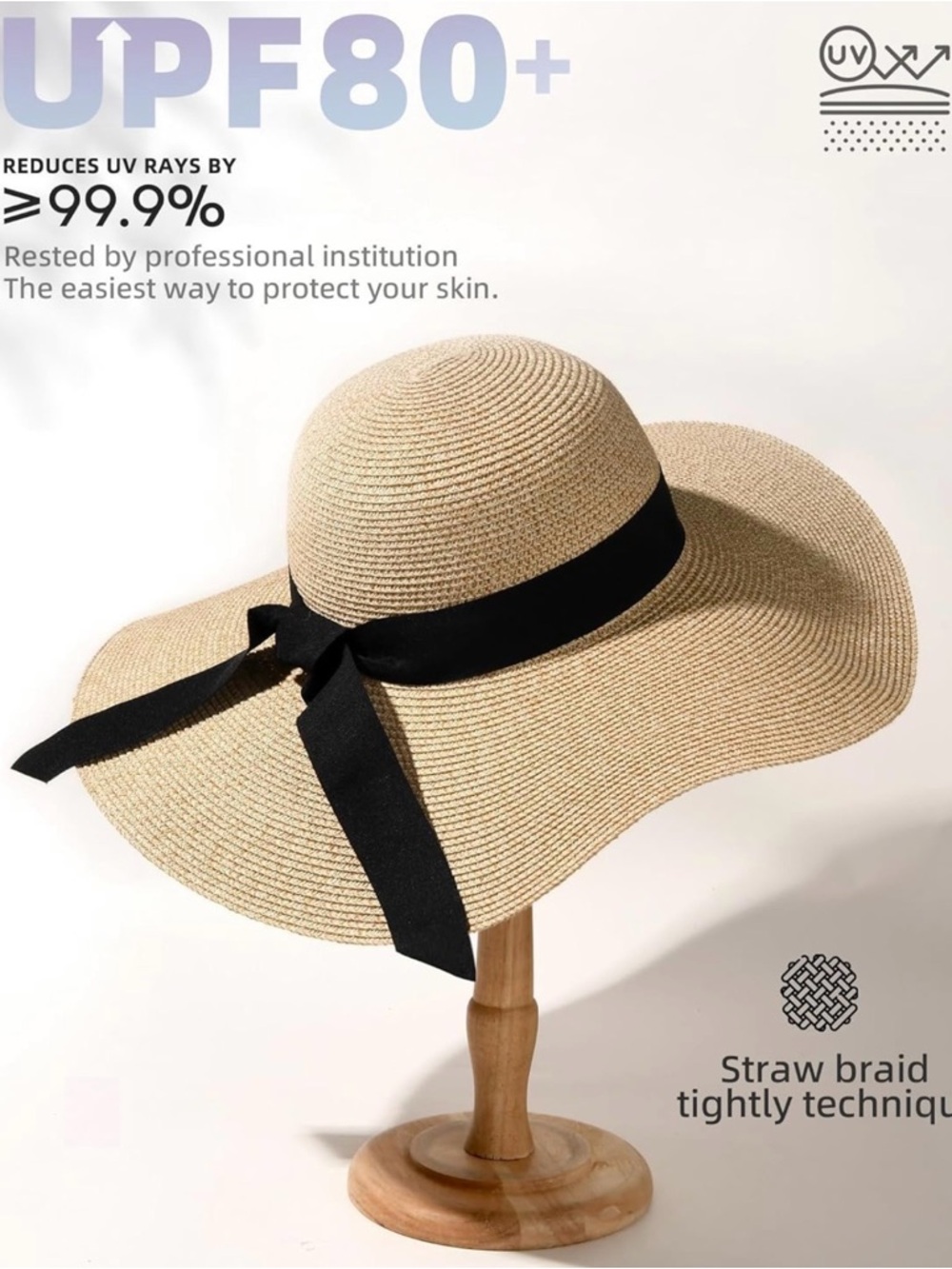 Women’s Furtalk Wide Brim Foldable Sun Straw Khaki Hat Adjustable L Large UPF - Picture 12 of 12
